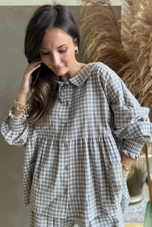 Annie Gingham Peter Pan Smock Blouse Mocha
